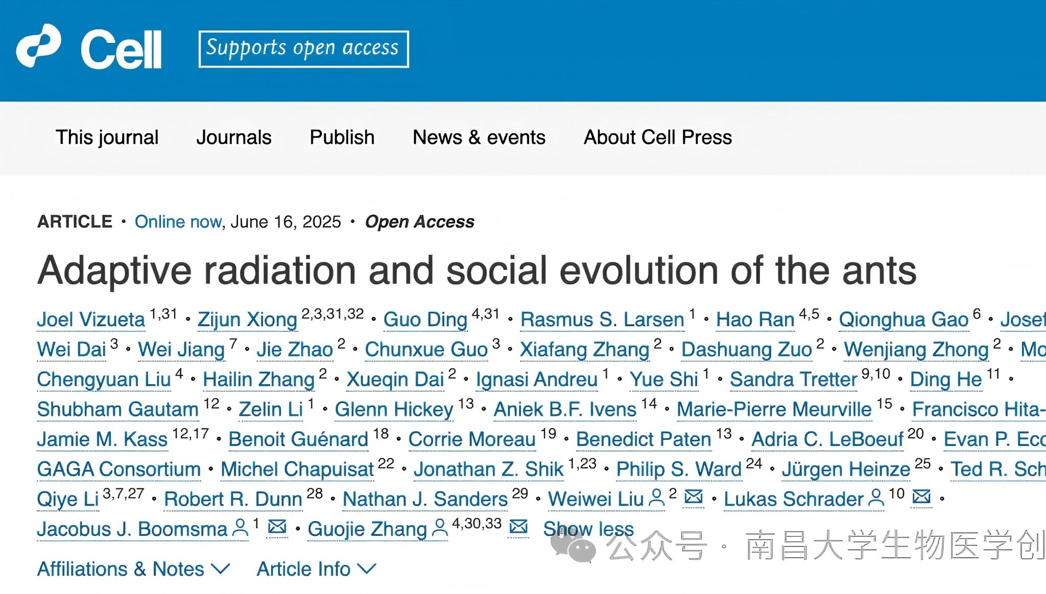 南昌大学基础医学院/生物医学创新研究院博士后熊子军在Cell期刊发表蚂蚁社会性演化研究的重要成果