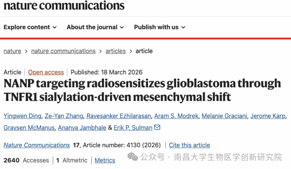 张泽延研究员在《Nature Communications》发文揭示胶质母细胞瘤放疗抵抗新机制
